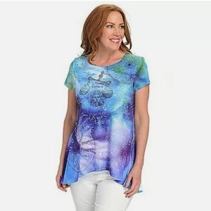 One World Libra Zodiac Printed Short Sleeve Scoop Neck Bustle Back Top Sz S